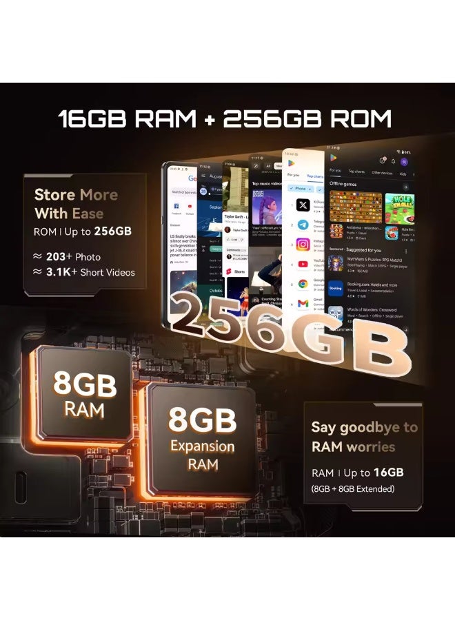 كوبوت هاتف ذكي 5G X100، يعمل بنظام أندرويد 15، شاشة 6.88 بوصة، ذاكرة وصول عشوائي 8 جيجابايت، ذاكرة تخزين داخلية 256 جيجابايت، كاميرا 64 ميجابكسل + 16 ميجابكسل، بطارية 5100 مللي أمبير، لون أسود - Image 4